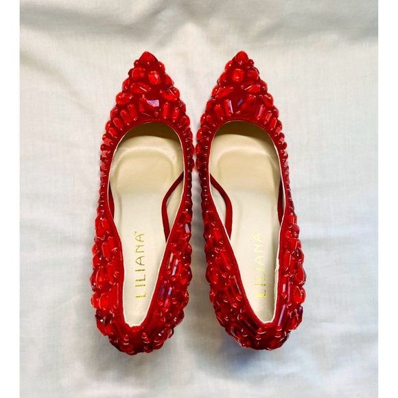 Liliana Ruby Red Jeweled Heels | Faux Suede Pointed Stiletto Dorothy Christmas - Picture 3 of 7
